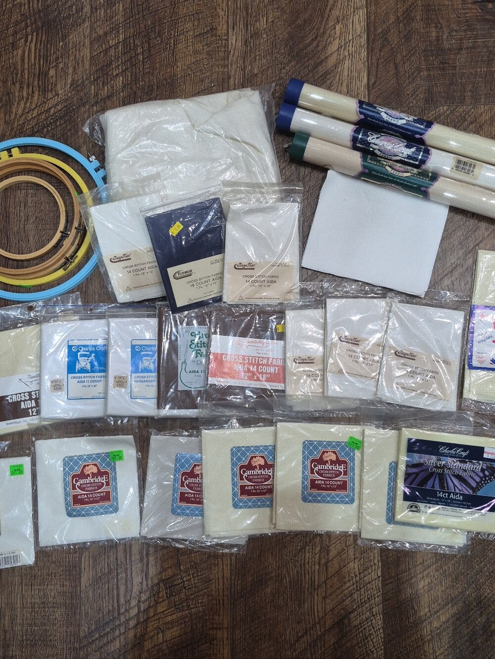 Vintage Cross Stitch Fabric & Embroidery Hoops 30 Piece Lot